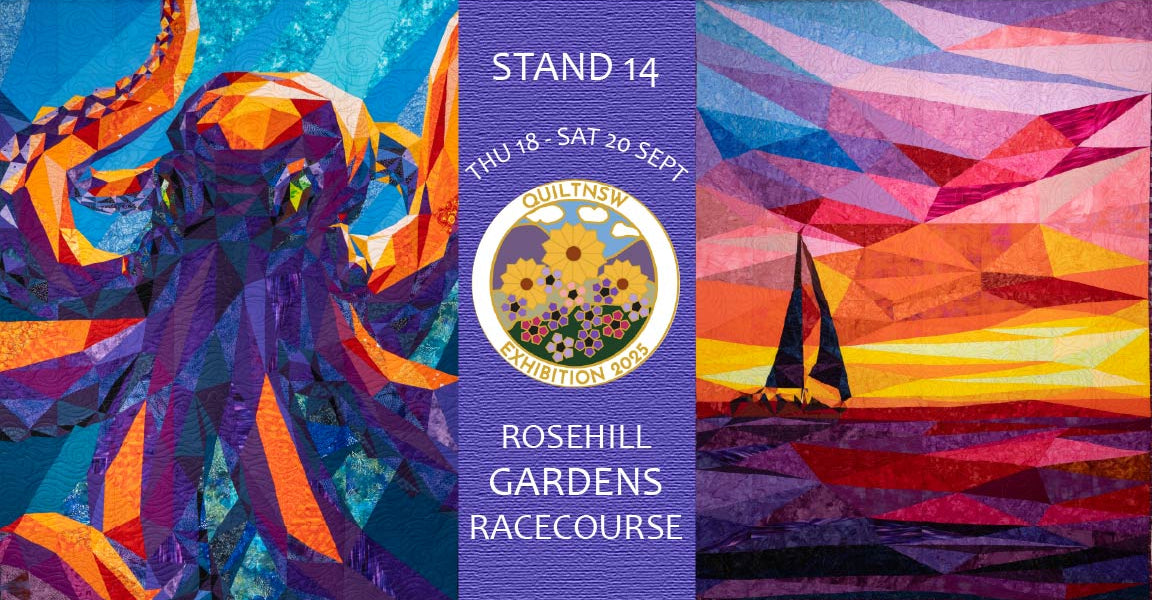 Promotional poster for a quilt show event at Rosehill Gardens Racecourse with colorful abstract art and event details.